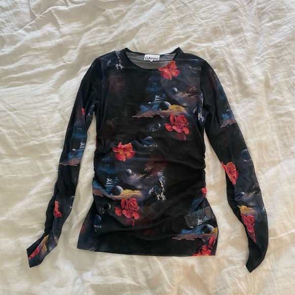 Ganni Black Printed Mesh Long Sleeve Gathered Blouse Size 8 - Picture 2 of 3